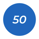 A white number 50, set on a blue disc.