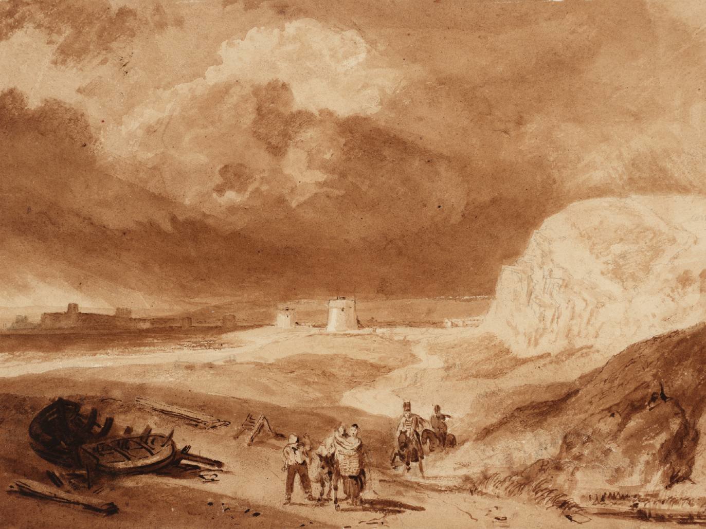 Etching and mezzotint image of Martello Towers near Bexhill, with a  small group of people in the foreground, and two soldiers on horseback riding up the road in the centre of the image