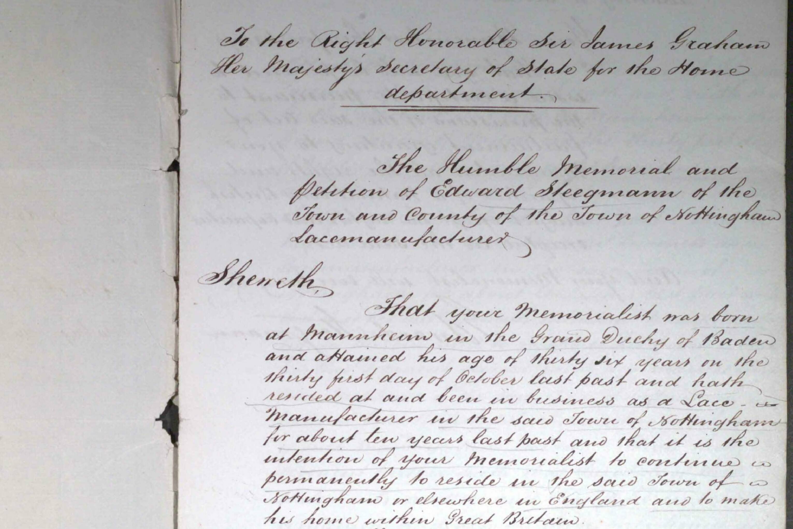 19th-century manuscript. First Memorial for Naturalization under the provisions of the Aliens Act of 1844, 25 November 1844, TNA HO 1/17/1