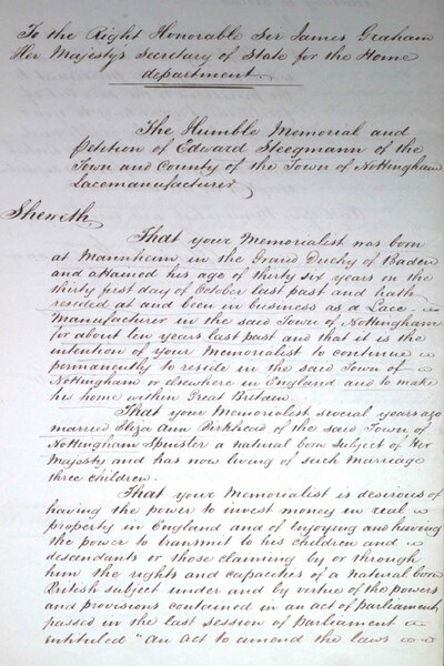 First Memorial for Naturalization under the provisions of the Aliens Act of 1844, 25 November 1844, TNA HO 1/17/1 19th-century manuscript. First Memorial for Naturalization under the provisions of the Aliens Act of 1844, 25 November 1844, TNA HO 1/17/1