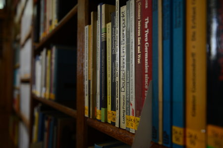 Library books in wooden bookshelves, visible titles reference Germany