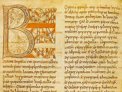 A page of manuscript text with an illuminated initial, taken from Bede's Historia ecclesiastica gentis Anglorum, dated 746 CE
