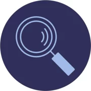 Research: Line drawing of a round magnifying glass in a circle, with the handle of the magnifying glass breaking through the circle.