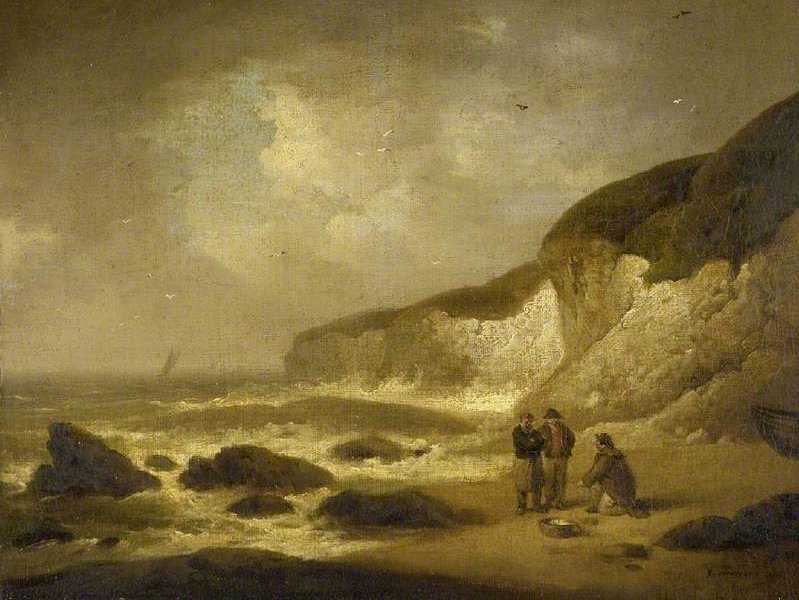 A late eighteenth-century painting of the coast, showing an inlet surrounded by chalk cliffs, with three fishermen and part of a boat in the foreground