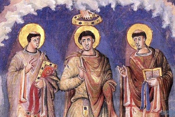 An illuminated image from the Sacramentarium of Charles the Bald, showing a group of three men, one of whom is being crowned by a hand that is descending from Heaven