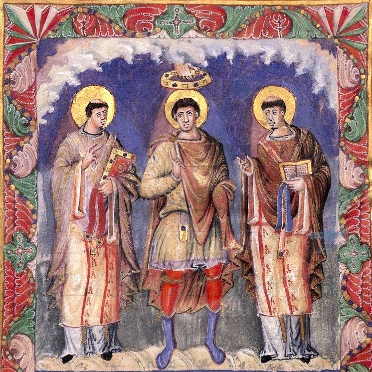 An illuminated image from the Sacramentarium of Charles the Bald, showing a group of three men, one of whom is being crowned by a hand that is descending from Heaven