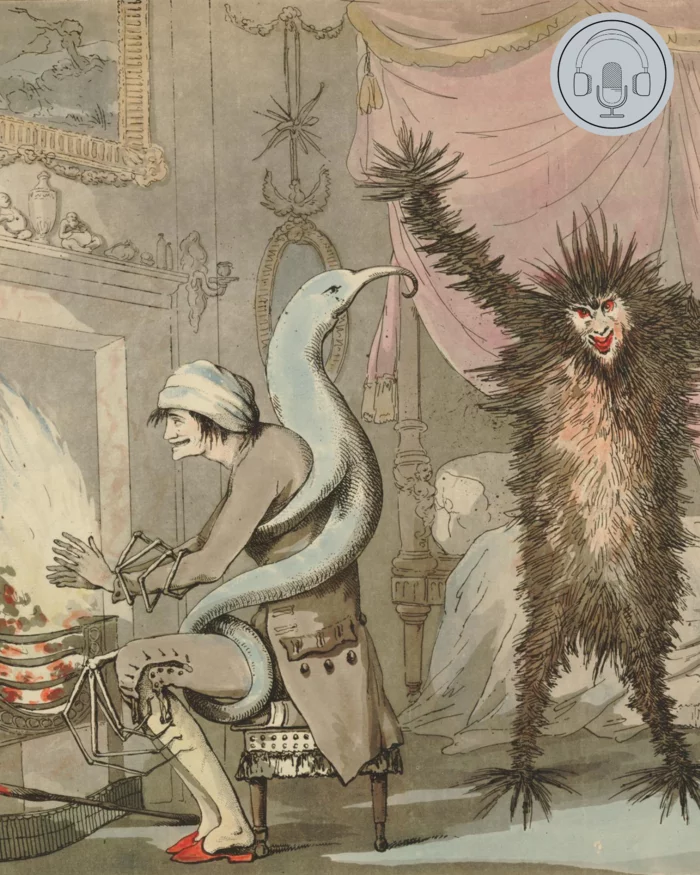 Historical illustration showing a man sitting by a fireplace with a snake-like creature coiled around him and a spiky, hairy figure with red eyes raising its arm. A bed and ornate furnishings appear in the background. A small podcast microphone and headphones icon is overlaid in the top-right corner.