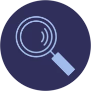 Research: Line drawing of a round magnifying glass in a circle, with the handle of the magnifying glass breaking through the circle.