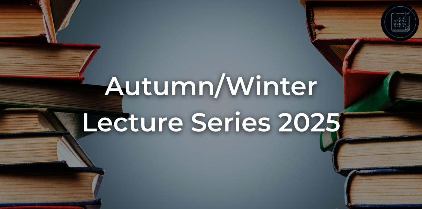 Two stacks of books on a grey background with "Autumn/Winter Lecture Series 2025" written across.
