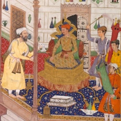 Mughal manuscript miniature of the emperor Akbar receiving the Iranian ambassador