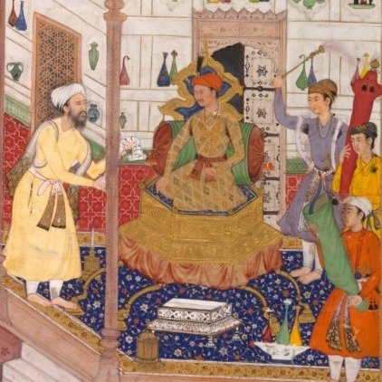 Mughal manuscript miniature of the emperor Akbar receiving the Iranian ambassador