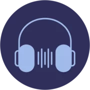 Podcast: Line drawing circle containing a microphone below a pair of headphones