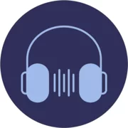 Podcast: Line drawing circle containing a microphone below a pair of headphones
