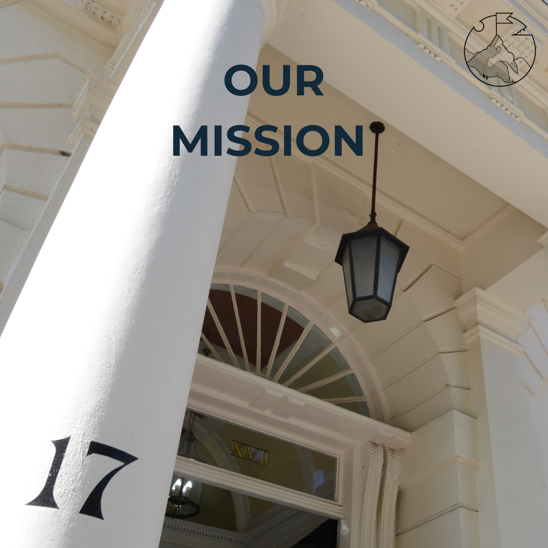 The front door and portico of the GHIL, with the number 17 on the pillars clearly visible. Overlayed at the top of the image, the words "Our Mission" in black.