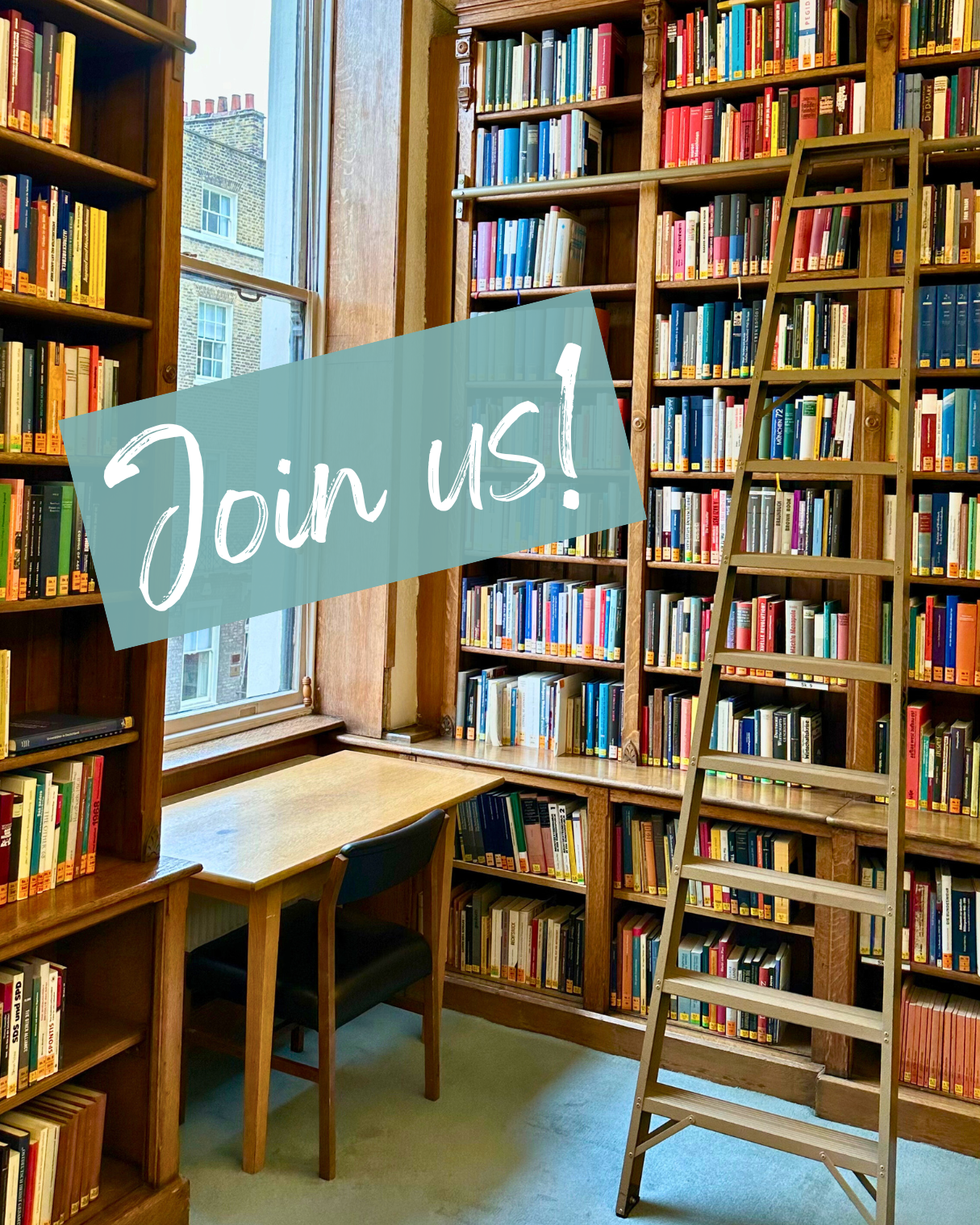 An image of a desk and chair surrounded by bookshelves and a ladder with the words "Join us" written across.