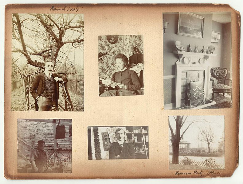 Image of a page of an Edwardian family album, dated 1907, from the Hook family, possibly of Hull. It shows six images, 4 with people, one of a park and one of a home interior.