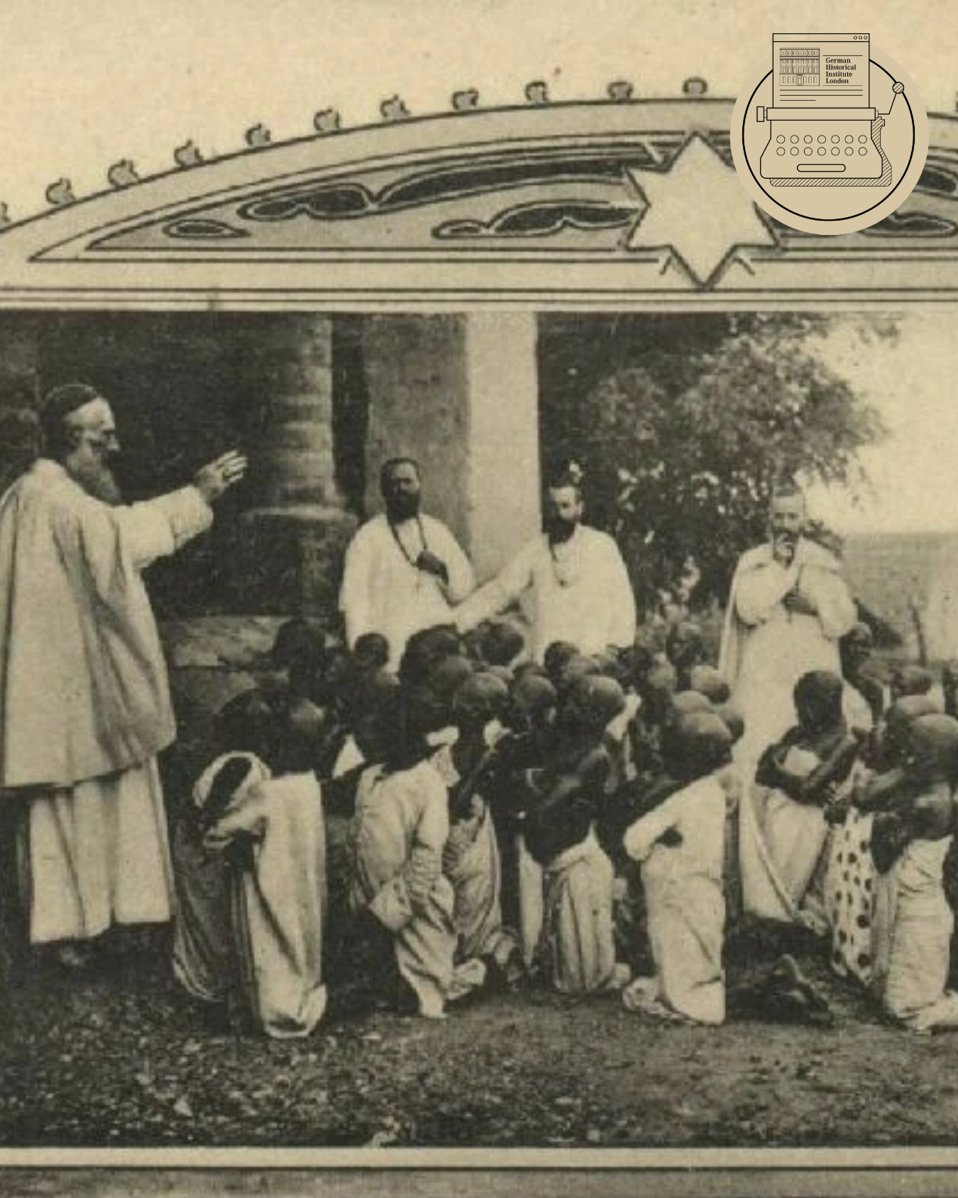 Sepia image of Msgr. Sweens blesses the Formations of the Mission of the White Fathers on the island of Ukerewe (German East Africa) (1910).
